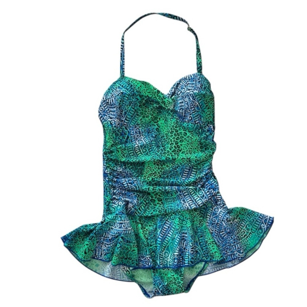 ☀️Ceeb Green & Blue Leopard Abstract One Piece Swimsuit Skirted bottom - Size 8